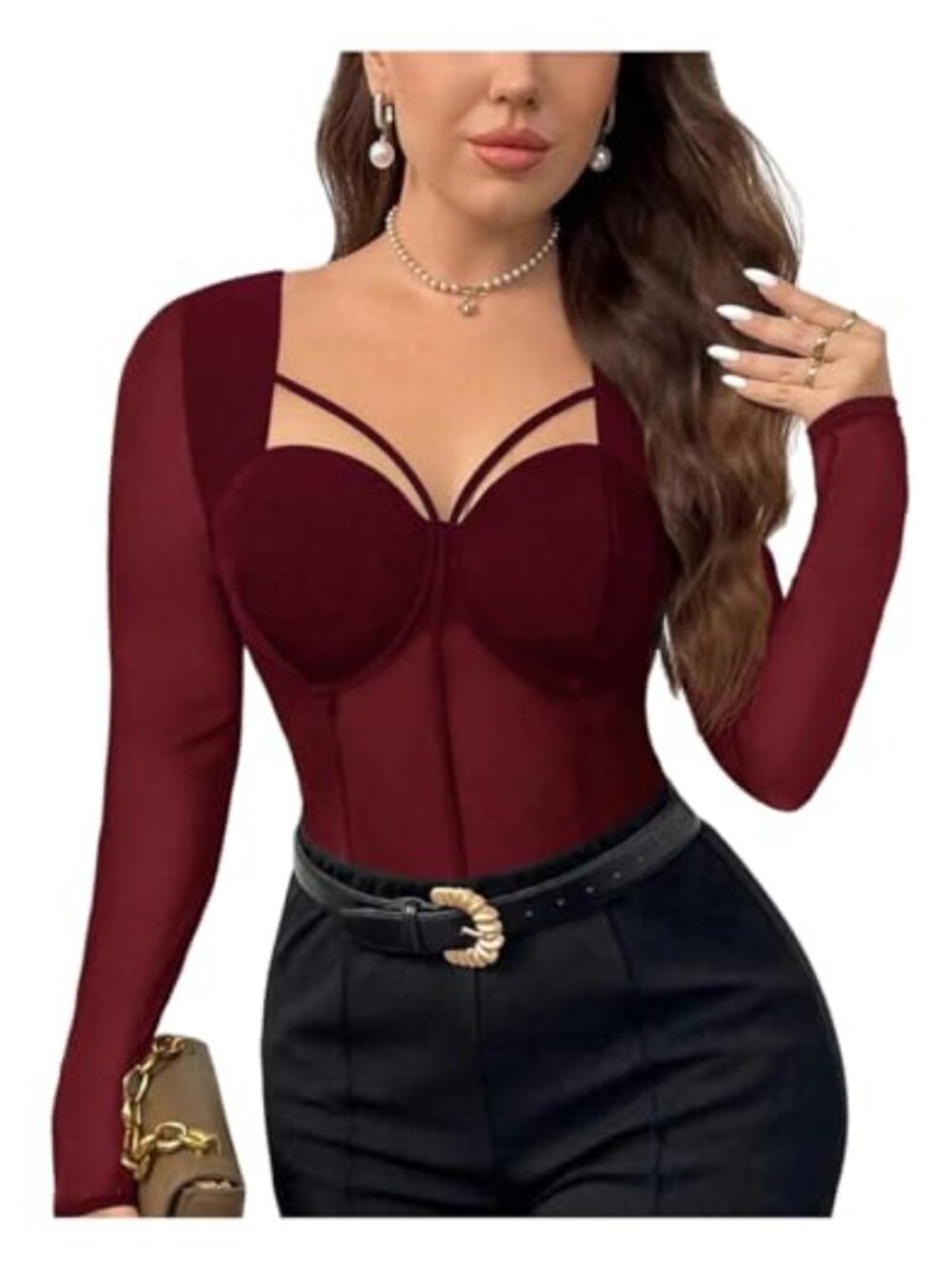Plus Size Mesh Long Sleeve Bustier Corset Top Party Date Night Shirt